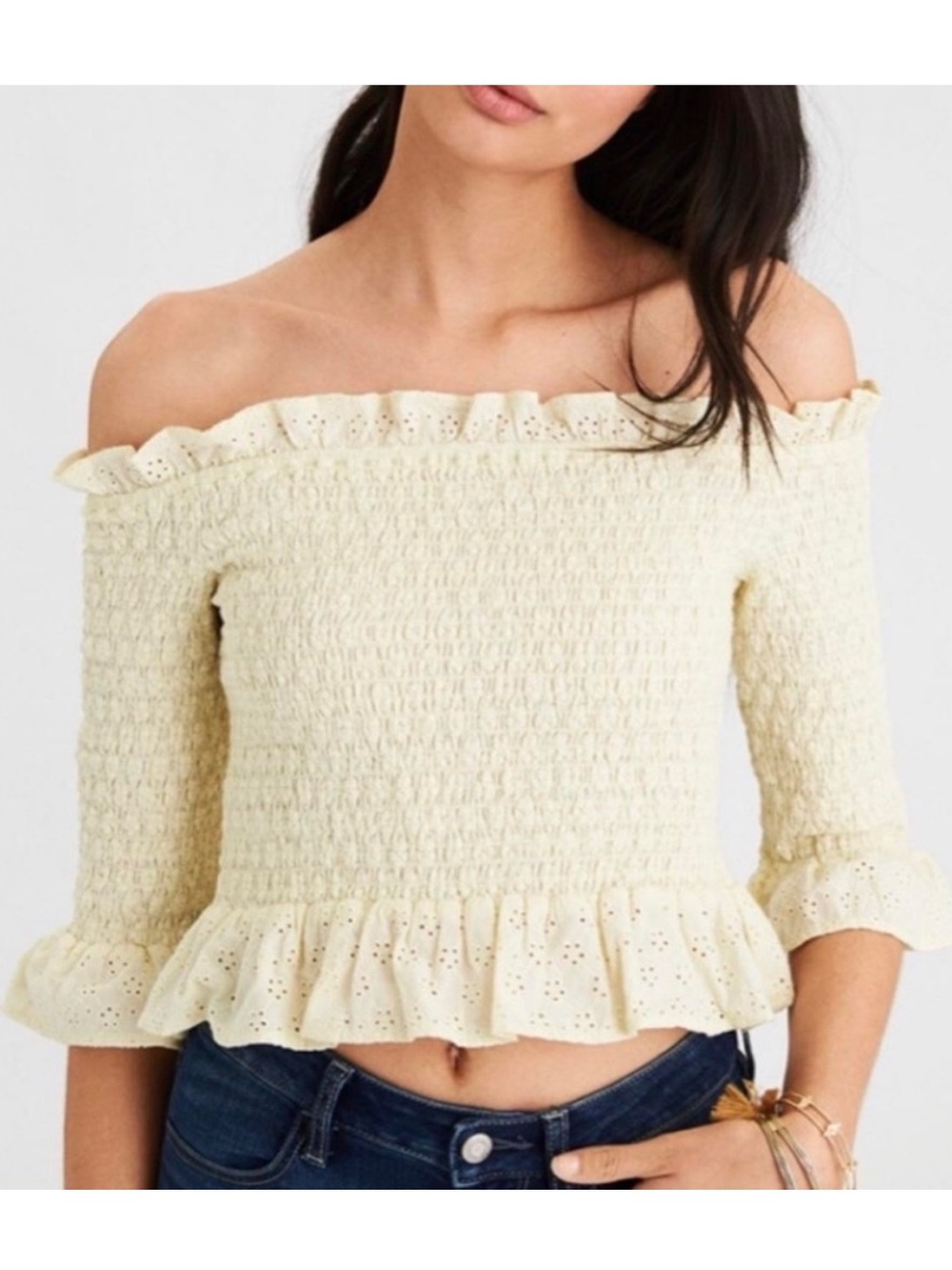American Eagle Eyelet Smocked Off the Shoulder Cropped Top - Size Medium